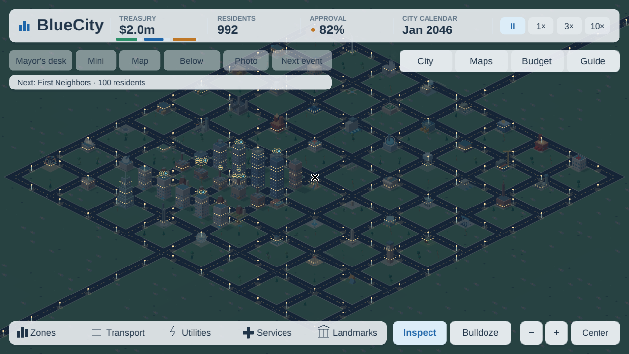 A constructed isometric facilities layout appears under dark night lighting, with bright apartment and office windows and street lights along the roads. The map stays visible beneath the translucent controls; the demonstration town shows $2.0m and 992 residents.