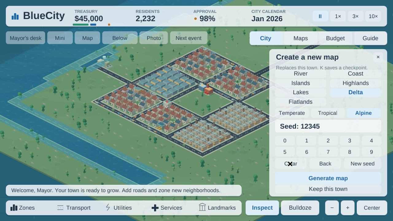 The translucent Create a new map panel shows River, Coast, Islands, Highlands, Lakes, Delta and Flatlands, with Delta highlighted; Temperate, Tropical and Alpine, with Alpine highlighted; Seed: 12345, a keypad and Generate map button. The connected starter town remains visible behind the panel.