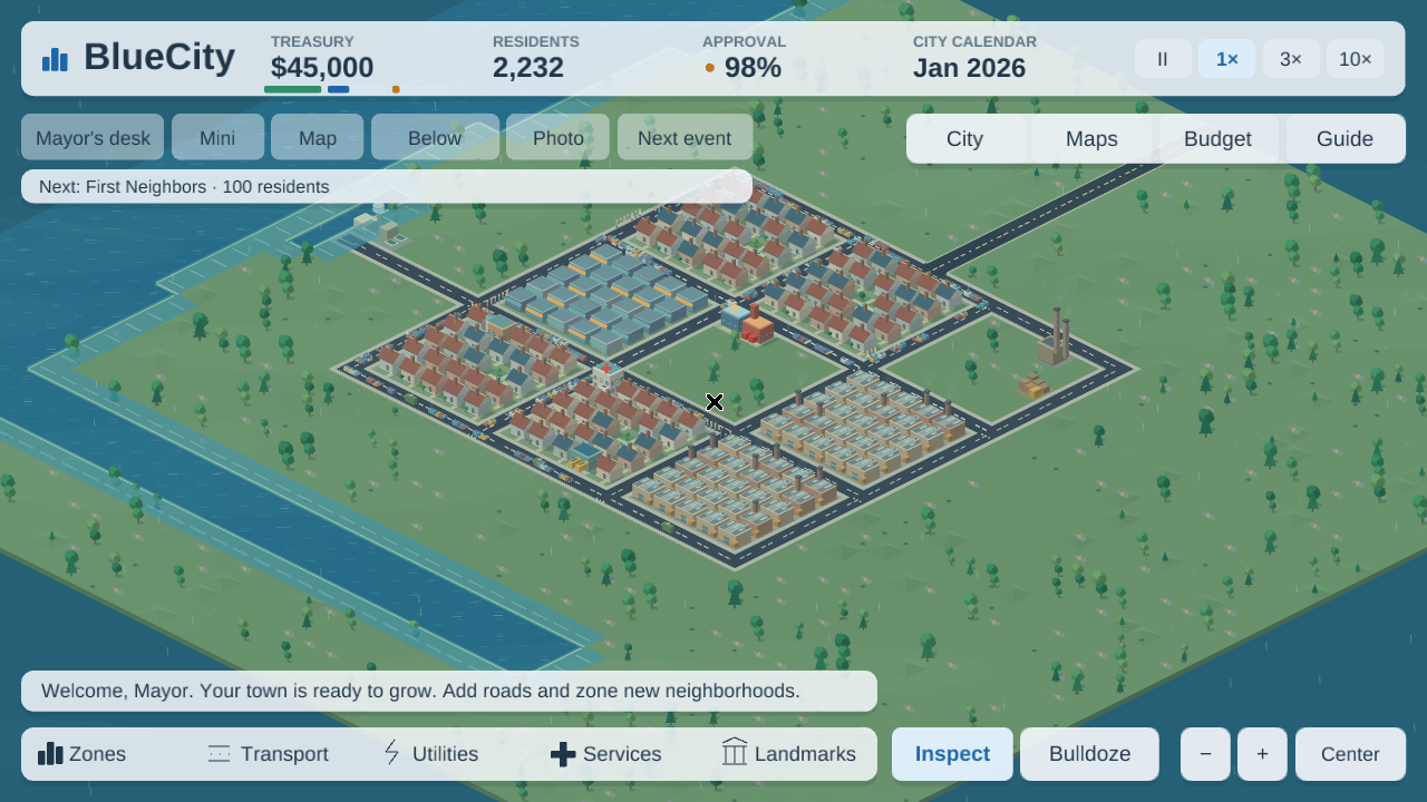 An upright isometric starter town contains red-roofed homes, low commercial buildings, industry, a park and connected streets beside a river. The top bar reads January 2026, 2,232 residents and $45,000; compact translucent controls sit above and below the map.
