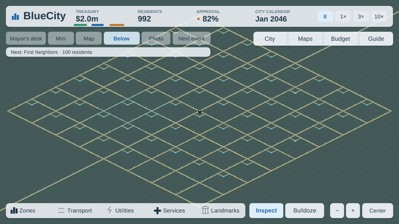 The Below button is selected and the surface buildings are hidden, revealing a diamond grid of yellow and cyan underground links beneath a constructed facilities layout. The demonstration city's top bar shows $2.0m, 992 residents and January 2046.