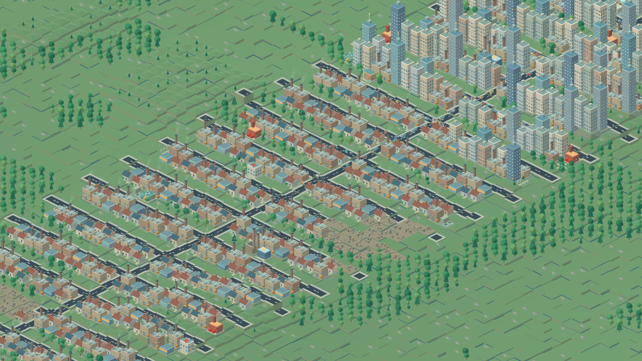 A clean upright city postcard shows a large grid of low-rise homes, industrial and commercial blocks, and dense apartment towers beside open wooded terrain. This town grew through automated play from an empty region; no interface overlays cover the city.