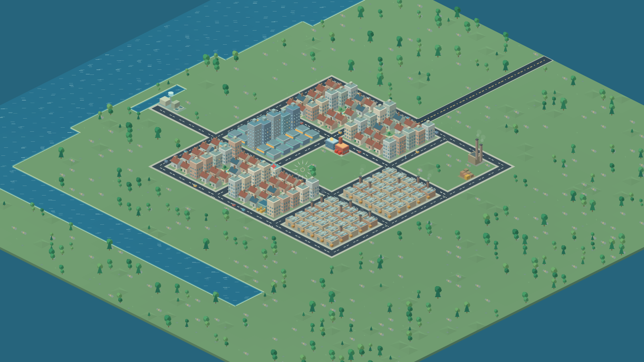 A clean, upright isometric city postcard shows occupied houses and apartments, commercial blocks, industry, a central park and connected streets beside a river. There are no buttons, counters or management panels over the map.