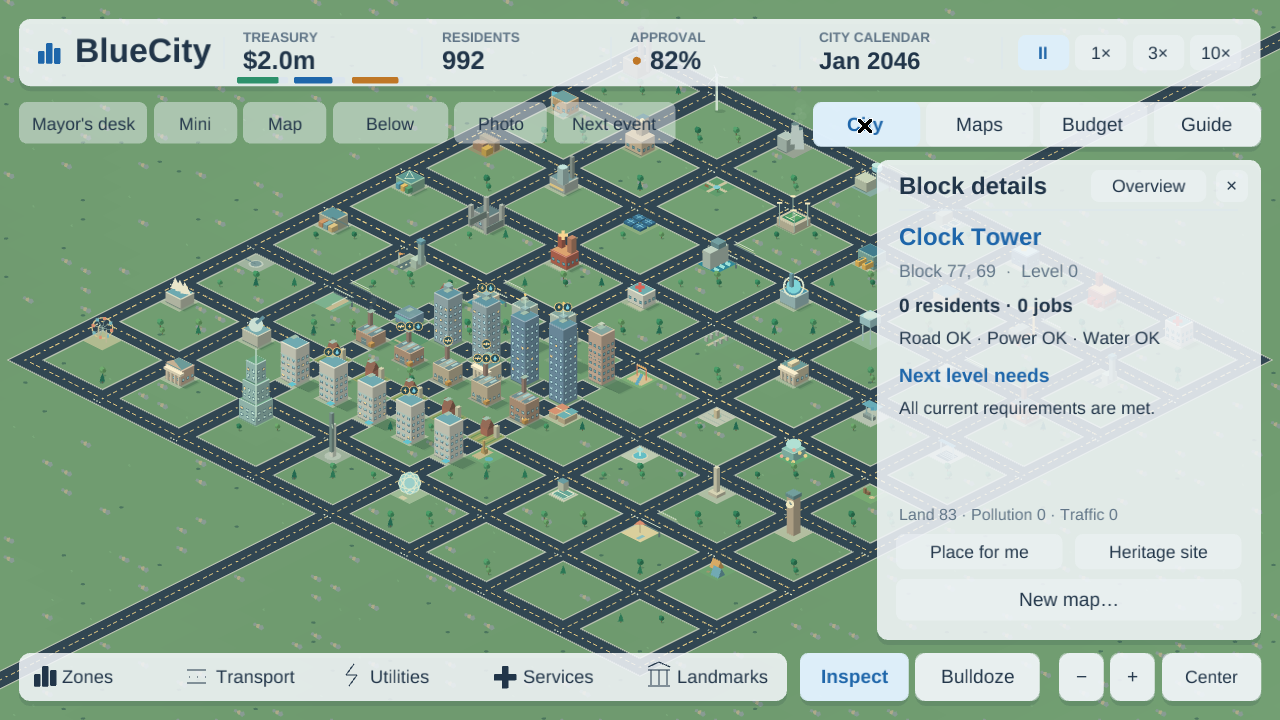 A translucent Block details panel identifies Clock Tower at block 77,69, with zero residents and jobs, road/power/water status and next-level needs. Upright towers, services and parks remain visible behind the panel in the constructed facilities showcase.