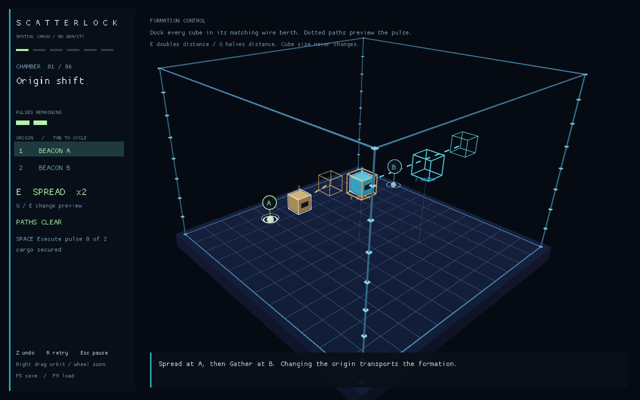 Amber and cyan cargo float in a gridded 3D chamber, with wire berths, destination ghosts and beacon A selected.