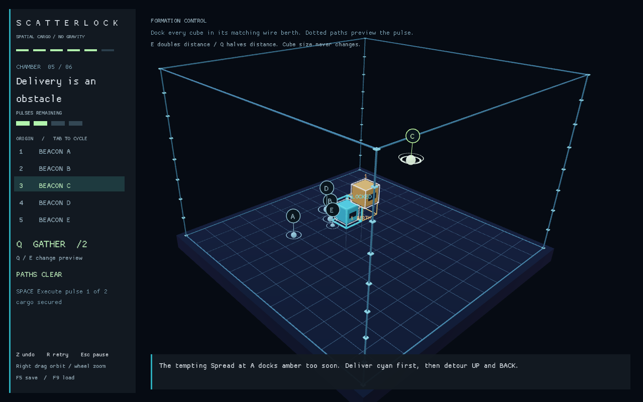 Chamber five shows secured cyan cargo, raised amber cargo and five selectable beacons for a three-dimensional detour.