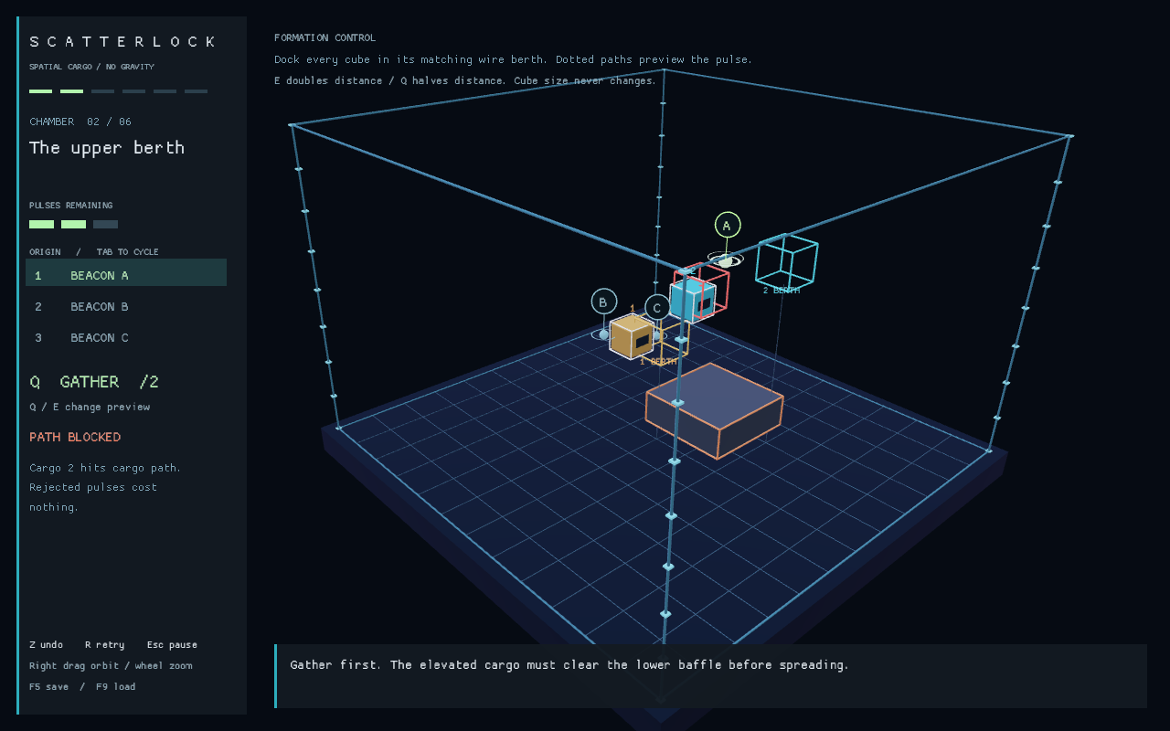 Elevated amber and cyan cargo above an orange-edged baffle, with a red collision preview and two pulses remaining.